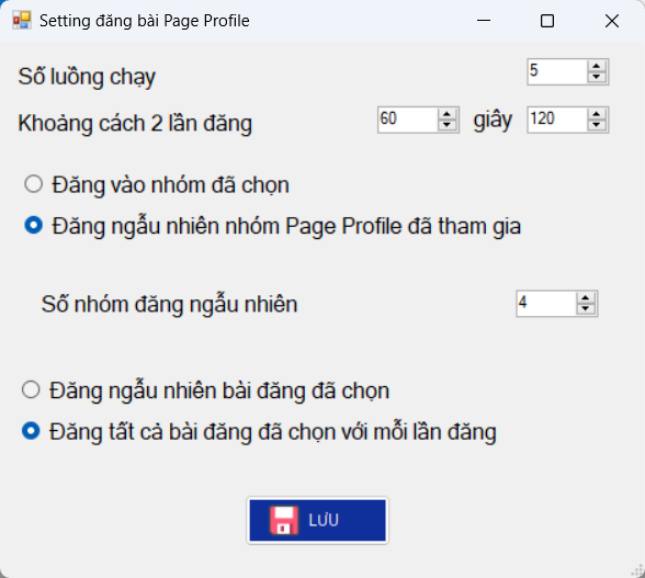 cài đặt các thông số cho quy trình đăng bài hàng loạt lên nhóm