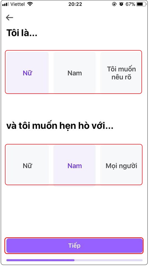 Chọn giới tính của bạn và giới tính mà bạn muốn hẹn hò