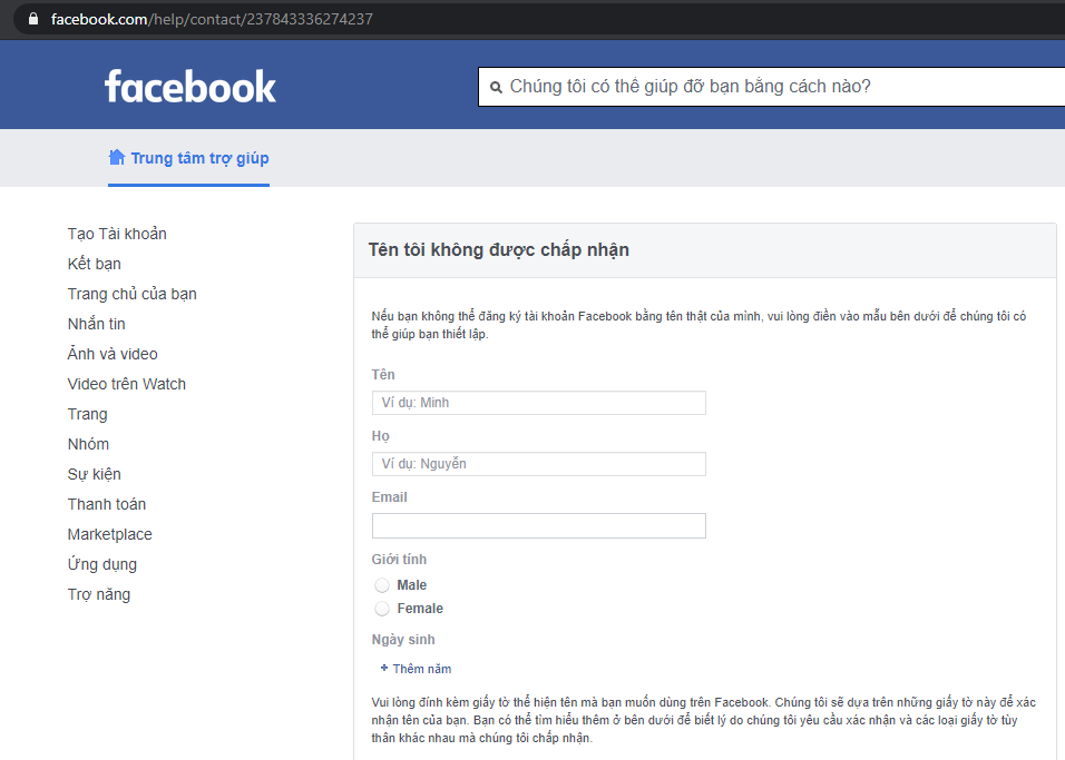 Hướng dẫn khắc phục lỗi đổi tên tài khoản Facebook - link fb 237